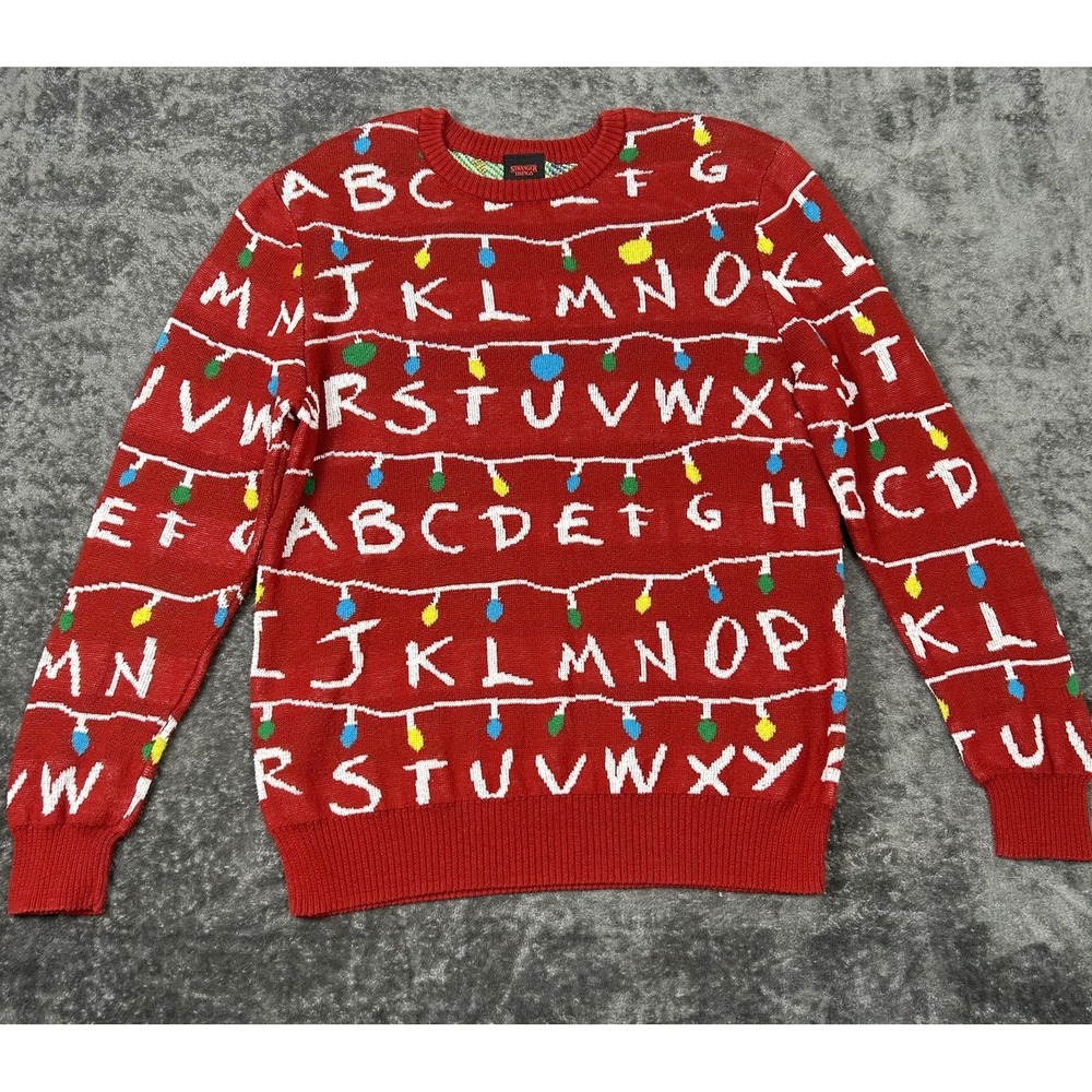 Stranger Things Ugly Sweater Mens XL Red Christmas Lights Alphabet Netflix